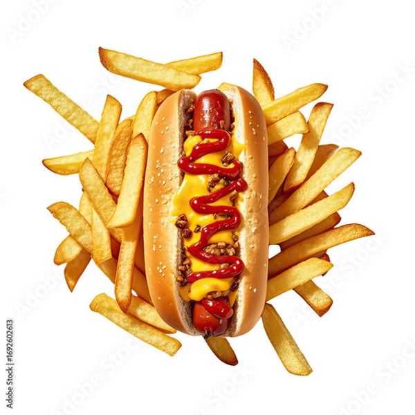 Fototapeta Delicious Hot Dog with Chili Sauce  Melted Cheese  and Golden Fries, Generative AI
