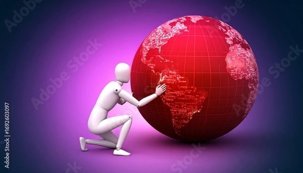 Fototapeta A figure crouches and touches a large, red-toned globe