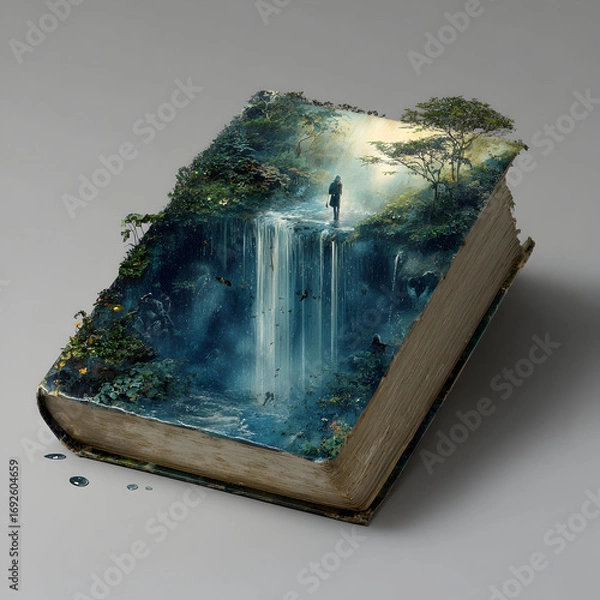 Fototapeta 3D forest waterfall scene sculpted into the cover of an old book isolated on white background 