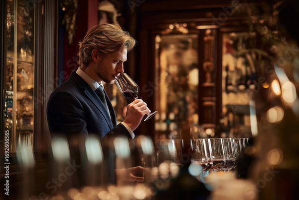 Fototapeta Winemaker smelling aroma of wine in tasting room with elegant interior.