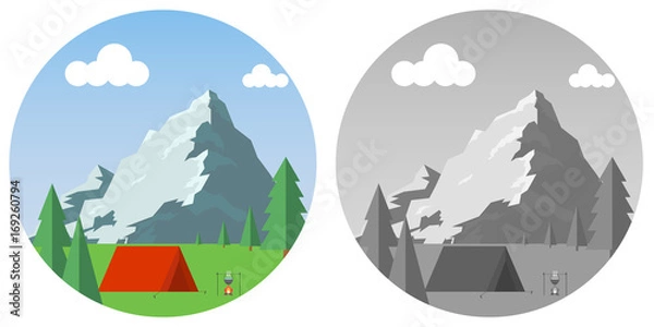 Fototapeta Camping in the mountains, vintage illustration of a camping in the mountains