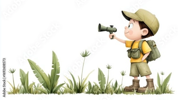 Fototapeta Young boy with sense of adventure and wonder is exploring the great outdoors using pair of powerful binoculars to observe the distant landscape with intense curiosity