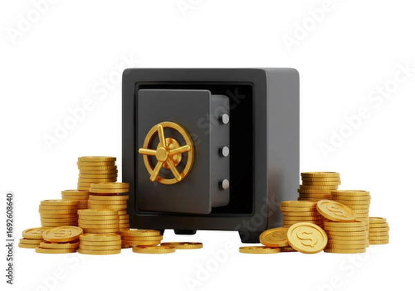 Obraz 黒の背景に配置された金色のコインと安全な金庫室の3Dイラスト