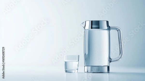 Fototapeta Captivating still life of transparent glass pitcher and matching tumbler filled with crystal clear pure drinking water against simple minimalist background