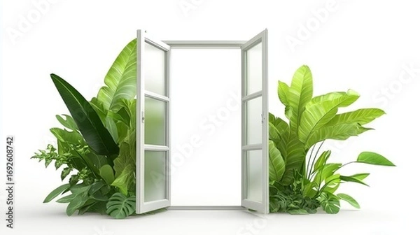 Fototapeta An inviting open doorway revealing lush background filled with vibrant green plants and foliage creating serene and natural entrance to tranquil space