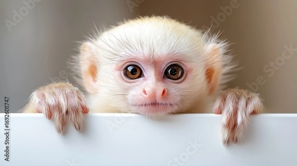 Fototapeta Intelligent primate thoughtfully observing blank white board in professional setting contemplating creative ideas and strategic planning for future business project