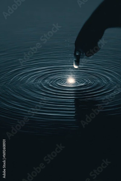 Fototapeta Finger touching water creating ripples in the dark.