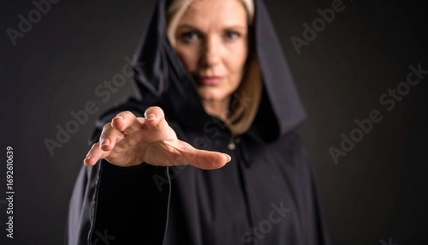 Fototapeta A single woman in a black nun's costume with a hood and mask poses in a studio, her dark eyes looking out from the shadows