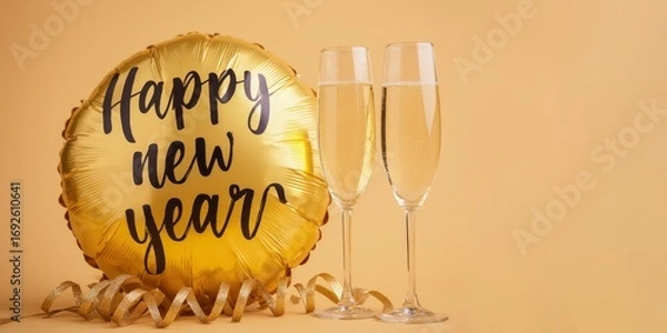 Fototapeta  happy new year 2026, new year's eve party holiday event celebration greeting card with text - Golden balloon with two champagne glasses, isolated on beige background