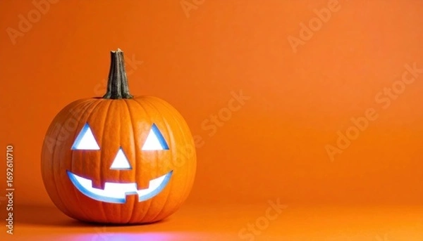 Fototapeta An eerie, carved pumpkin with a spooky smile, glowing like a lantern in the dark to symbolize the Halloween season