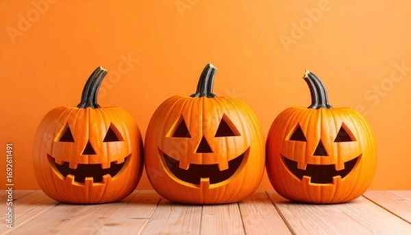 Fototapeta Carved jack-o'-lanterns with spooky faces glow orange on a black background, a symbol of the Halloween season