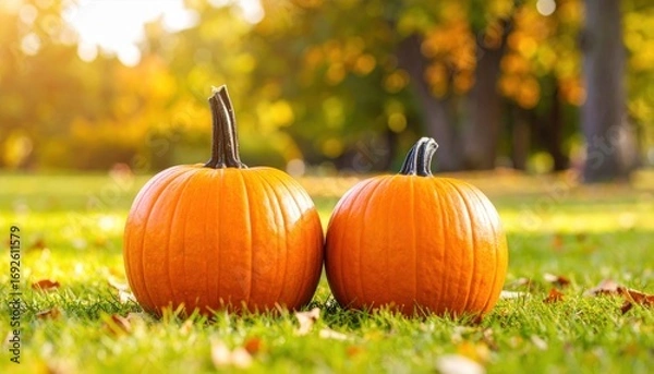 Fototapeta October brings a vibrant pumpkin harvest, with a large orange squash resting on the autumn grass among fallen leaves