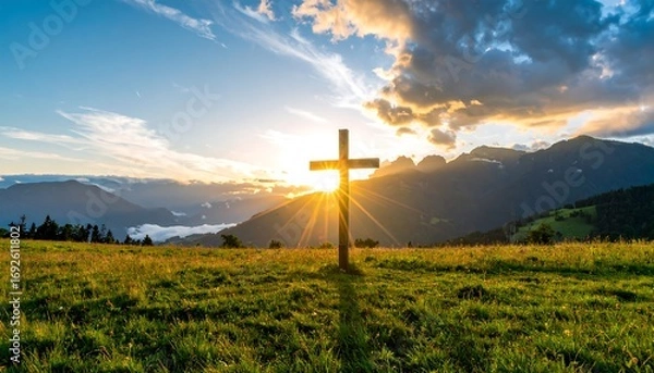 Fototapeta A wooden cross stands on a grassy hilltop at sunset, with mountains in the background
