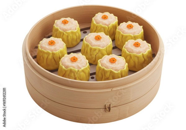 Obraz 木製の蒸し器に入った美味しい点心のクローズアップ 黄色い蒸し餃子とオレンジ色のトッピング
