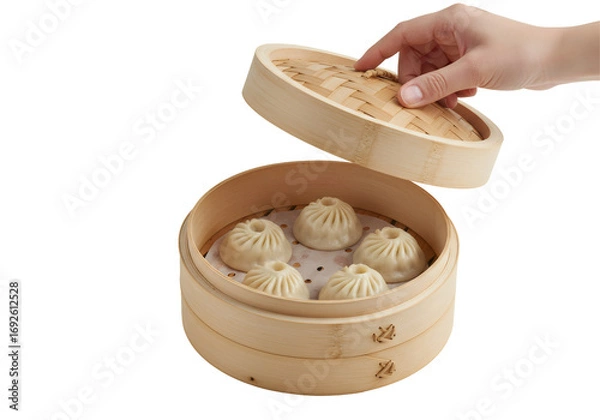 Obraz 手で開く竹製の蒸し器に入った点心 透明背景に茶色い背景に白い食べ物 美味しいアジア料理 蒸し料理