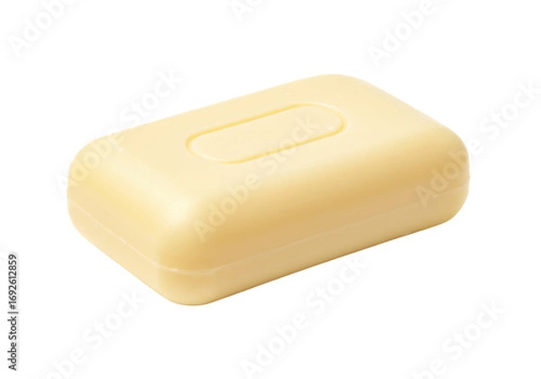 Obraz 透明な背景に分離されたシンプルな黄色の石鹸バーのクローズアップ