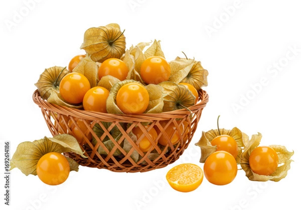 Obraz 籠に入ったオレンジ色のゴールデンベリー 透明な背景に分離された茶色の籐のバスケット フルーツのクローズアップビュー