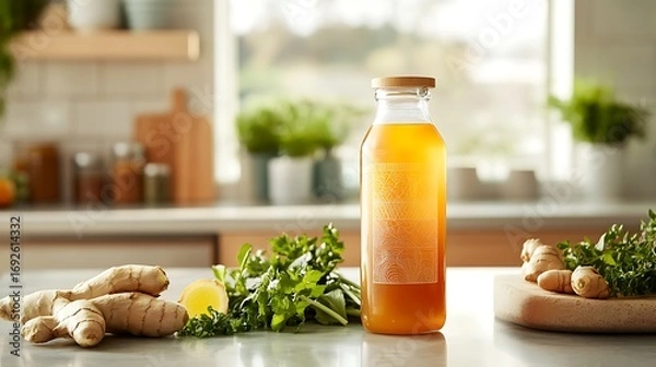 Fototapeta Kombucha bottle with modern label design, placed next to fresh ginger