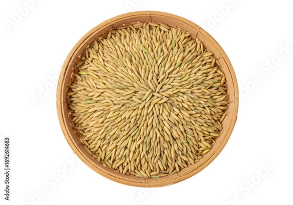 Obraz 円形バスケットに詰まった黄金色の米粒のクローズアップ透明背景