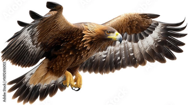 Fototapeta Soaring Eagle in Flight: A majestic eagle with outstretched wings soars powerfully, showcasing its impressive plumage and piercing gaze, symbolizing freedom and strength. 