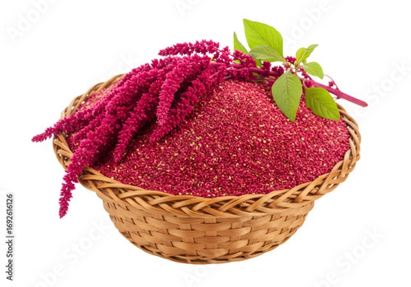 Obraz バスケットに入った鮮やかな赤色のアマランサス穀物と植物のクローズアップ 透明背景に分離された健康的で栄養価の高い自然な食べ物