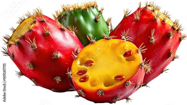 Fototapeta Prickly Pear Cactus Fruit Close-up: A collection of vibrantly colored prickly pear cactus fruits, displaying textures and vivid hues of red, green, and yellow, and enticing the viewer's senses.