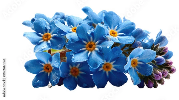 Fototapeta Forget-Me-Not Bloom: A close-up view of a collection of delicate, sky-blue forget-me-not blossoms showcases their vibrant beauty, with each tiny petal and golden center clearly defined.