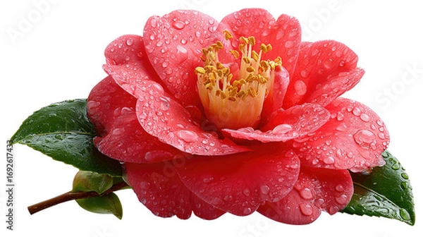 Fototapeta Dew Kissed Beauty: A vibrant close-up unveils the delicate petals of a Camellia flower, adorned with glistening dewdrops, showcasing nature's exquisite artistry.