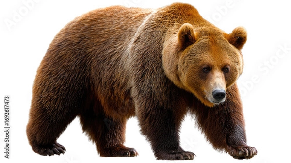 Fototapeta Majestic Brown Bear's Stance: A formidable brown bear confidently strides forward, showcasing its powerful build and rugged beauty in a moment of untamed wilderness. 
