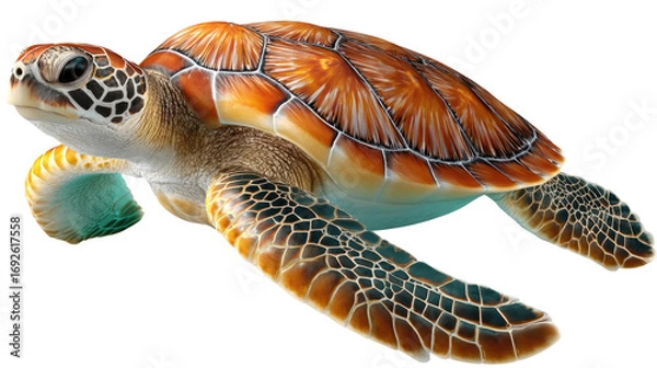 Fototapeta Sea Turtle's Underwater Serenity: The vibrant marine turtle floats peacefully, its intricately patterned shell glistening as it glides through the transparent ocean.