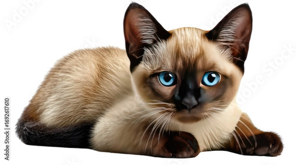 Fototapeta Siamese Cat with Blue Eyes: A captivating portrait of a Siamese cat, known for its striking blue eyes and distinctive point coloration, as it lies in a relaxed posture.