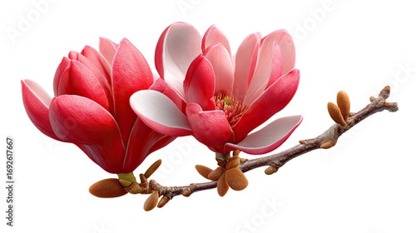 Fototapeta Magnolia Blossom Serenity: A vibrant display of two delicate magnolia blooms on a slender branch, exuding a sense of natural elegance and floral beauty.