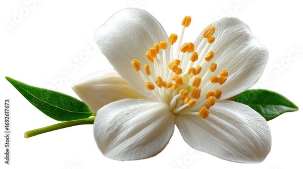 Fototapeta Jasmine Blossom: Delicate jasmine bloom featuring exquisite petals and verdant foliage, embodies purity, grace, and serenity