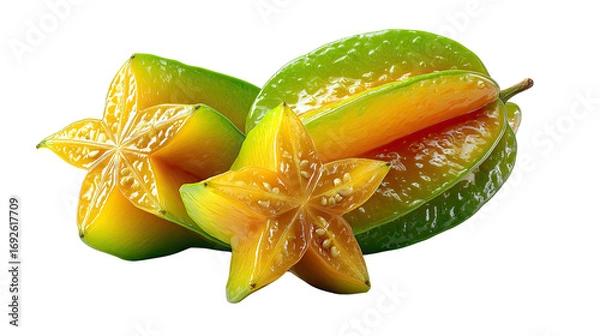 Fototapeta Star Fruit Delight: a vibrant image of the star fruit, both whole and sliced, showcasing its unique star-shaped slices. The fruit, a tropical delicacy.
