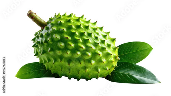 Fototapeta Soursop Fruit: A vibrant, fresh soursop fruit with textured skin and green leaves. A natural, nutritious delight, showcasing its unique qualities.