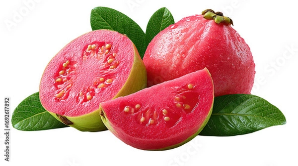 Fototapeta Vibrant Guavas: Juicy, freshly cut guava fruit, its vibrant pink flesh contrasted with the inviting green of the leaves, creating a mouthwatering still life that captures the essence of freshness.