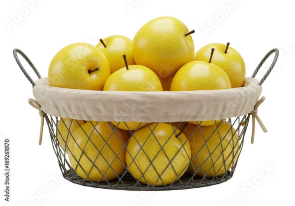 Obraz 黄色いリンゴが詰まったバスケットのクローズアップ 透明な背景に新鮮な収穫の果物と食品
