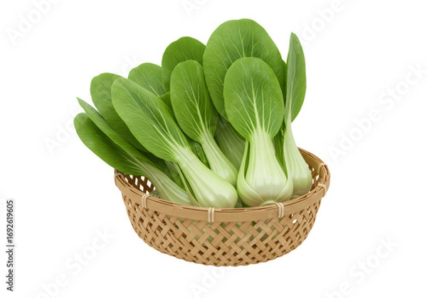 Obraz 透明背景に分離された木のバスケットに入った新鮮な緑色の白菜のクローズアップ