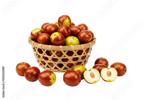 Obraz 木製のバスケットに盛られた熟した赤いデーツのクローズアップ 透明な背景