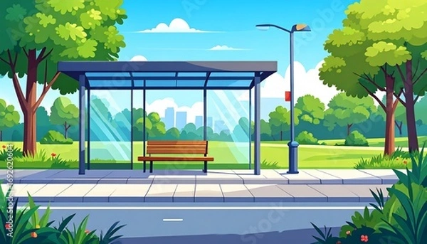 Fototapeta Park bus stop in sunny day