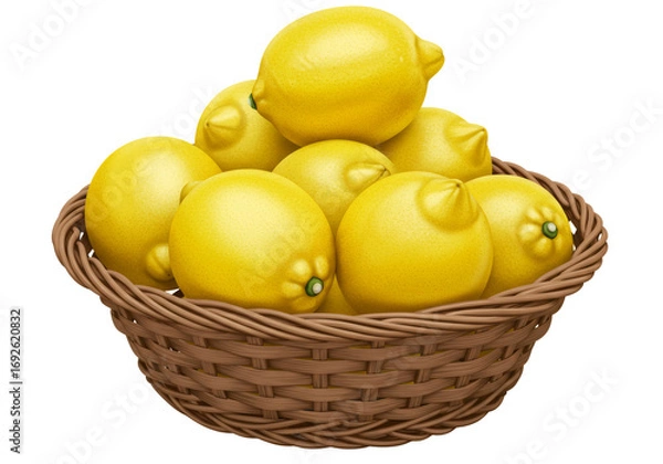 Obraz バスケットに入った黄色いレモンのクローズアップ写真 透明な背景に茶色のバスケット