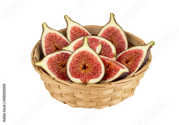 Obraz 籠に入ったイチジクのスライス 断面図 鮮やかな赤色と茶色の背景 果物と食べ物のマクロ写真 透明な背景
