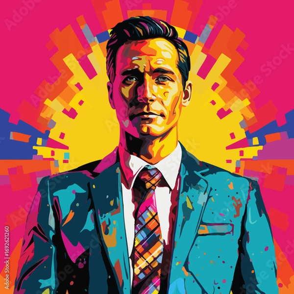 Fototapeta Vibrant pop art portrait of a businessman in a suit with abstract colorful background, symbolizing success, leadership, and modern retro style.