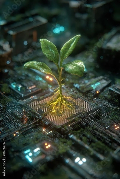 Fototapeta Sprout on Circuit Board - Technology and Nature Intertwined.