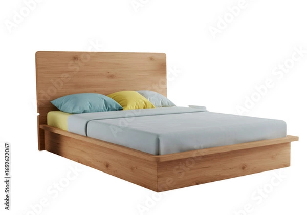 Obraz 木製ベッドにパステルカラーの枕と寝具が配置されたデザインインテリア 無地背景