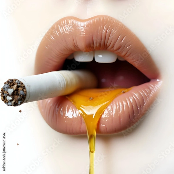 Fototapeta Glossy lips with cigarette and golden syrup dripping from mouth close-up