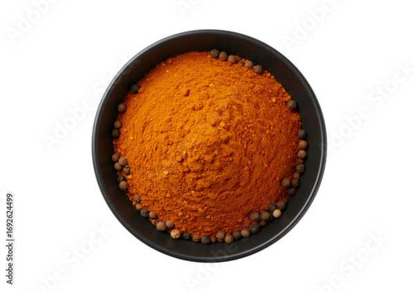 Obraz 黒いボウルに入った鮮やかなオレンジ色のスパイスパウダーと黒胡椒粒のトップビュー