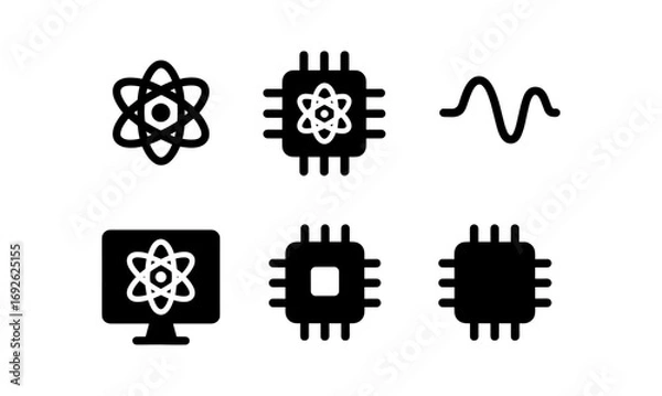 Fototapeta Minimalist technology icons set: atom, microchip, and wave symbols