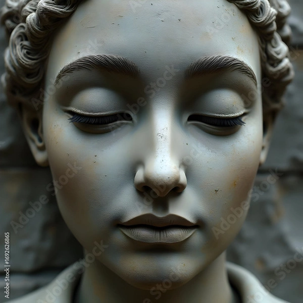 Fototapeta Close up of a smooth stone statue of a woman’s face with closed eyes and serene expression
