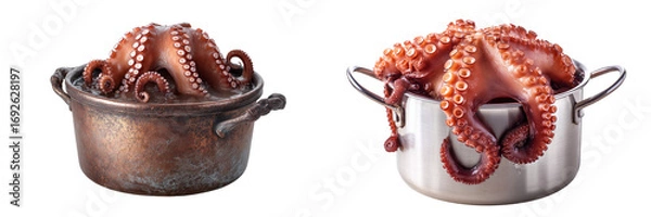Fototapeta  Set of a cooking octopus in a pot isolated on transparent background.